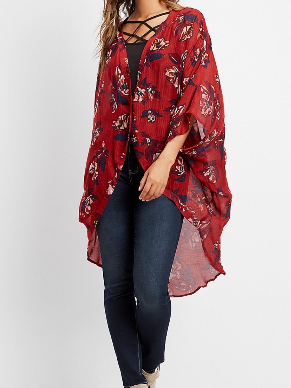Red Floral Sheer Kimono